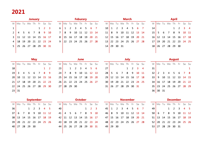2021年日历 A4横向 英文版 无农历 有周数 周一开始